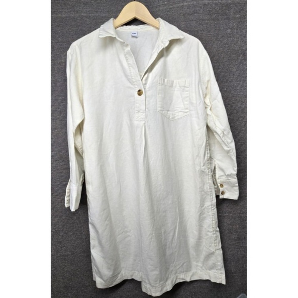 Old Navy Womens Cream Linen Blend Long Sleeve‎ Button Front Shirt Dress Medium